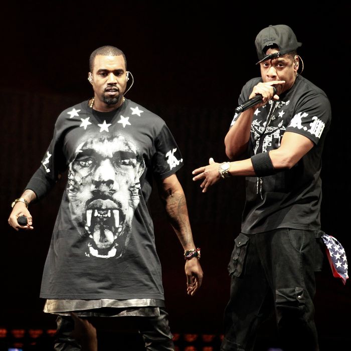 Kanye West, left, and Jay Z perform in concert during the 
