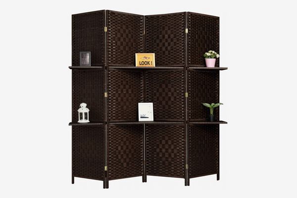 Rose Home Fashion Extra Wide Diamond Room Divider, 4 Panels and 2 Shelves, Dark Mocha