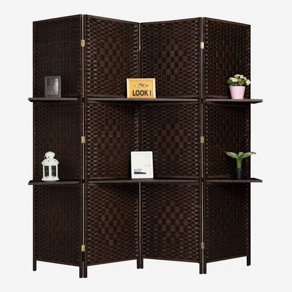 Rose Home Fashion Extra Wide Diamond Room Divider, 4 Panels and 2 Shelves, Dark Mocha