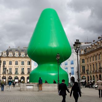 A view of 'Tree', Paul Mc Carthy's monumental artwork which has been erected at Place Vendome on October 17, 2014 in Paris, France. This installation is part of the FIAC 'Contemporary Art Fair'. The artwork has raised eyebrows in the French capital because if it's uncanny resemblance to a certain type of sex toy. 
