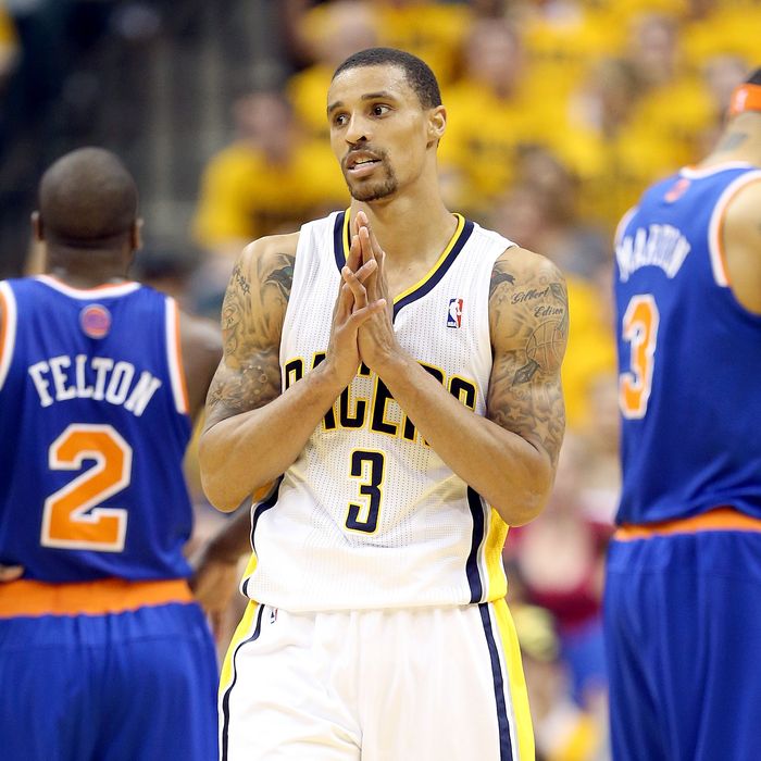 INDIANAPOLIS, IN - MAY 18: George Hill #3 of the Indiana Pacers reacts during the game against the New York Knicks during Game Six of the Eastern Conference Semifinals of the 2013 NBA Playoffs at Bankers Life Fieldhouse on May 18, 2013 in Indianapolis, Indiana. NOTE TO USER: User expressly acknowledges and agrees that, by downloading and or using this photograph, User is consenting to the terms and conditions of the Getty Images License Agreement. (Photo by Andy Lyons/Getty Images)