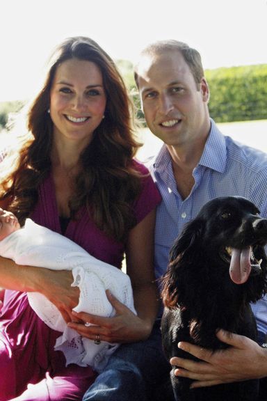 In this handout image provided by Kensington Palace, Catherine, Duchess of Cambridge and Prince William, Duke of Cambridge pose for a photograph with their son, Prince George Alexander Louis of Cambridge, surrounded by Lupo, the couple’s cocker spaniel, and Tilly the retriever (a Middleton family pet) in the garden of the Middleton family home in August 2013 in Bucklebury, Berkshire.