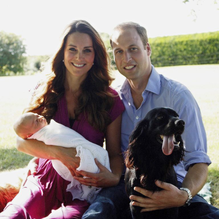 In this handout image provided by Kensington Palace, Catherine, Duchess of Cambridge and Prince William, Duke of Cambridge pose for a photograph with their son, Prince George Alexander Louis of Cambridge, surrounded by Lupo, the couple’s cocker spaniel, and Tilly the retriever (a Middleton family pet) in the garden of the Middleton family home in August 2013 in Bucklebury, Berkshire.