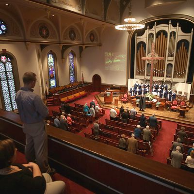 WARREN, OH - OCTOBER 28: Congregation members attend a Sunday service at the First Presbyterian Church on October 28, 2012 in Warren, Ohio. Political analysts have predicted Ohio voters could potentially decide the upcoming Presidential election. (Photo by John Moore/Getty Images)