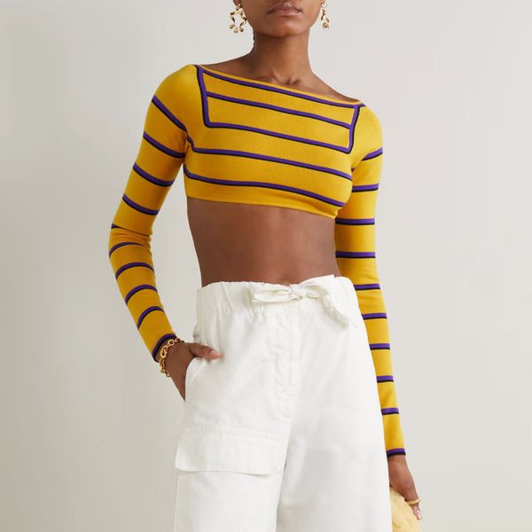 Pucci Cropped Open-Back Silk-Trimmed Striped Wool Sweater