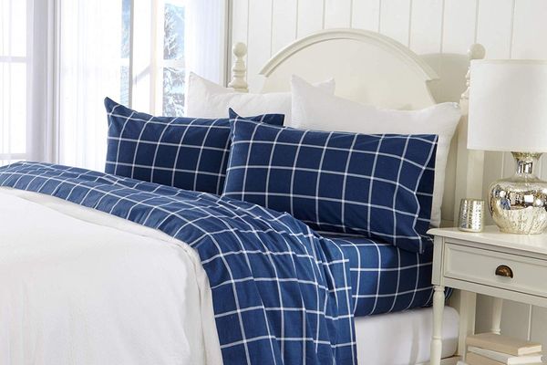 Great Bay Home Cotton Flannel Sheet Set, Navy/White Windowpane, Queen