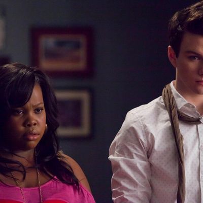 GLEE: Mercedes (Amber Riley, L) and Kurt (Chris Colfer, R) listen to Sue's plans in the first hour of a special two-hour "Props/Nationals" episode of GLEE airing Tuesday, May 15 (8:00-10:00 PM ET/PT) on FOX.