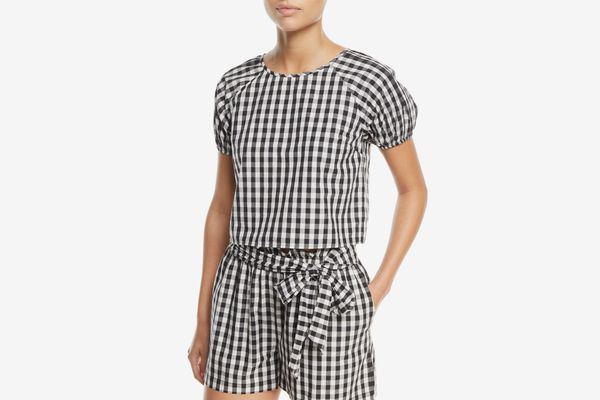 Joie Cirila Short-Sleeve Gingham-Print Cotton Top