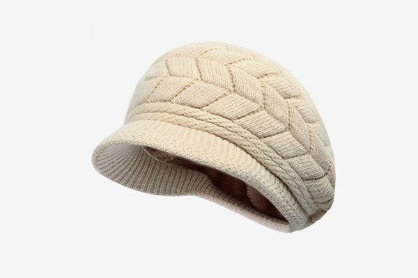 KeepSa Beanie Hat for Ladies Warm Knitted Peaked Baseball Cap Double Layer Fleece Line Winter Hats with Faux Fur Pom Pom Hat