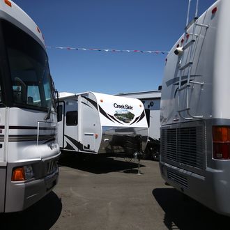 FAIRFIELD, CA - MAY 29: Motorhomes and tow-able RVs are displayed at Cordelia RV on May 29, 2013 in Fairfield, California. Deliveries of motor homes and towable RVs to dealers surged 11 percent in the first quarter and the RV industry anticipates a total of 307,300 units will be shipped this year, the highest number since 2007. (Photo by Justin Sullivan/Getty Images)
