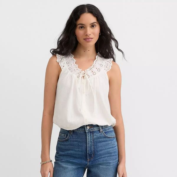 LOFT Eyelet Ruffle Tie Neck Button Top