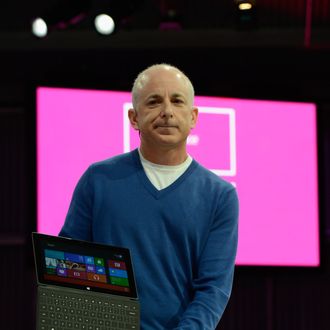 Steven Sinofsky, President of Windows, holds the new tablet Surface by Microsoft during a news conference at Milk Studios on June 18, 2012 in Los Angeles, California. The new Surface tablet utilizes a 10.6 inch screen with a cover that contains a full multitouch keyboard.