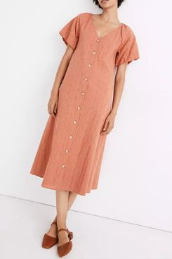Embroidered Eyelet Bubble-Sleeve Button-Front Midi Dress