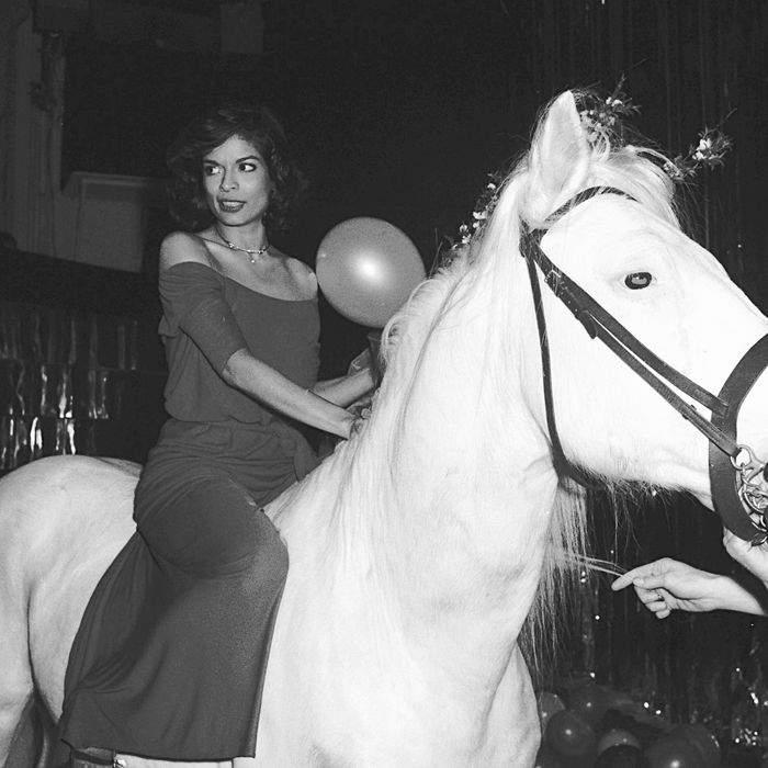 Bianca Jagger and the horse she didn't ride in on. 