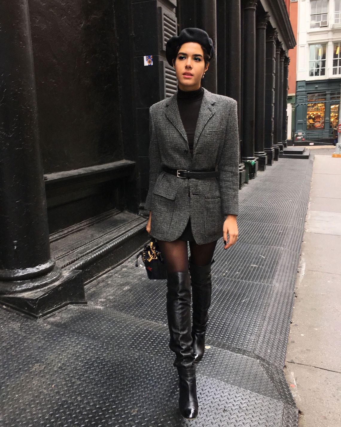 blazer and thigh high boots