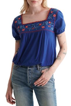 Lucky Brand Embroidered Mix Media Square Neck Top