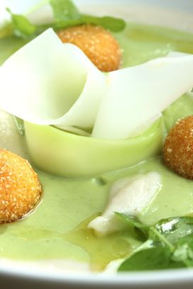 broccoli and shaved broccoli and cauliflower stems with fried gorgonzola cheese