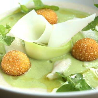 broccoli and shaved broccoli and cauliflower stems with fried gorgonzola cheese