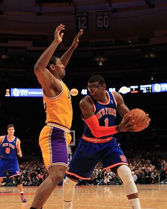 NEW YORK, NY - FEBRUARY 11: Amar'e Stoudemire #1 of the New York Knicks posts up against Ron Artest #15 of the Los Angeles Lakers at Madison Square Garden on February 11, 2011 in New York City. NOTE TO USER: User expressly acknowledges and agrees that, by downloading and/or using this Photograph, User is consenting to the terms and conditions of the Getty Images License Agreement. (Photo by Chris Trotman/Getty Images) *** Local Caption *** Amar'e Stoudemire;Ron Artest