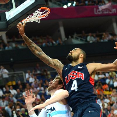 US centre Tyson Chandler jumps for the ball during the London 2012 Olympic Games men's semifinal basketball game between Argentina and the US at the North Greenwich Arena in London on August 10, 2012. 