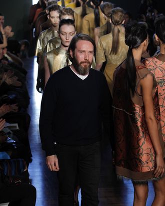 NEW YORK, NY - FEBRUARY 14: Designer Alexandre Herchcovitch and models walk the runway at the Alexandre Herchcovitch fall 2012 fashion show during Mercedes-Benz Fashion Week at The Standard Hotel - The High Line Room on February 14, 2012 in New York City. (Photo by Joe Kohen/Getty Images)