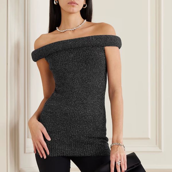 Toteme Driana Off-The-Shoulder Metallic Ribbed-Knit Dress