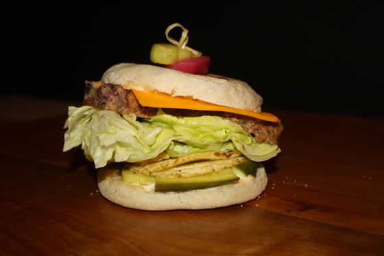 Paradise: Meatloaf, English muffin, Cheddar, pickles, miso mayo, potato chips, and iceberg lettuce.