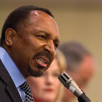 Chesapeake minister E.W. Jackson, speaks at the last Virginia Republican Senatorial debate before the June 12 Virginia primary, at the Fairview Park Marriott, in Falls Church, Va., on Friday, May 25, 2012. (AP Photo/Jacquelyn Martin)