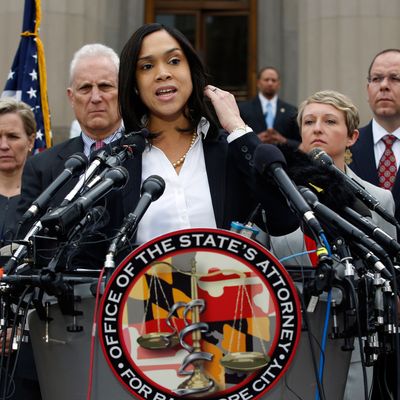 Marilyn Mosby, Baltimore state's attorney, speaks during a media availability, Friday, May 1, 2015 in Baltimore. Mosby announced criminal charges against all six officers suspended after Freddie Gray suffered a fatal spinal injury while in police custody. (AP Photo/Alex Brandon)