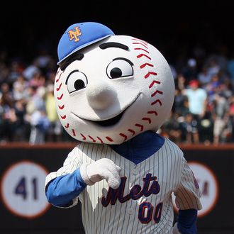  'Mr. Met' performs during the game between the New York Mets and the Milwaukee Brewers at Citi Field on August 21, 2011.