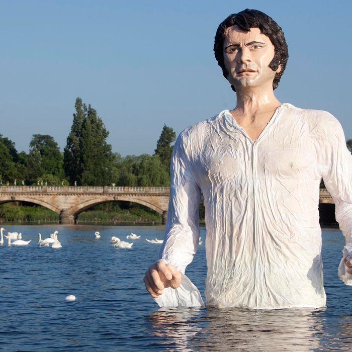 UKTV launch new free channel. EDITORIAL USE ONLY A statue of Jane Austen's romantic hero Mr Darcy in The Serpentine in London's Hyde Park to celebrate the launch of UKTV's new free channel 'Drama'. Picture date: Monday July 8, 2013. The 12 foot statue, which took a team of three sculptors over two months to design, construct and paint, pays homage to the show-stealing lake scene that was voted one of the most memorable British TV drama moments of all time and marks the 200th anniversary of the publication of Pride and Prejudice in 1813. New channel Drama is available on Freeview channel 20 and Sky. Photo credit should read: David Parry/PA Wire URN:17006101