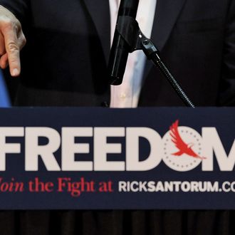 GETTYSBURG, PA - MARCH 20: Republican presidential candidate, former U.S. Sen. Rick Santorum gestures while addressing supporters during an Illinois primary night event at the Gettysburg Hotel on March 20, 2012 in Gettysburg, Pennsylvania. Santorum lost the Illinois primary to Mitt Romney, and plans to travel the next several days in Louisiana, Pennsylvania and Wisconsin. (Photo by Patrick Smith/Getty Images)