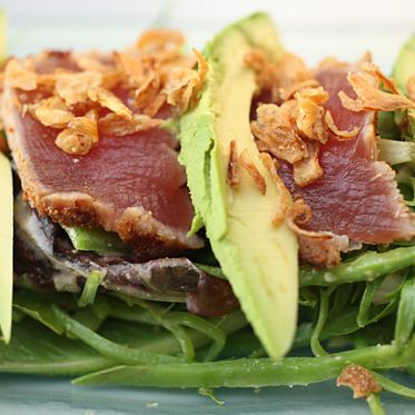 ​With avocado, snow pea, roasted shallot, and miso-mustard vinaigrette