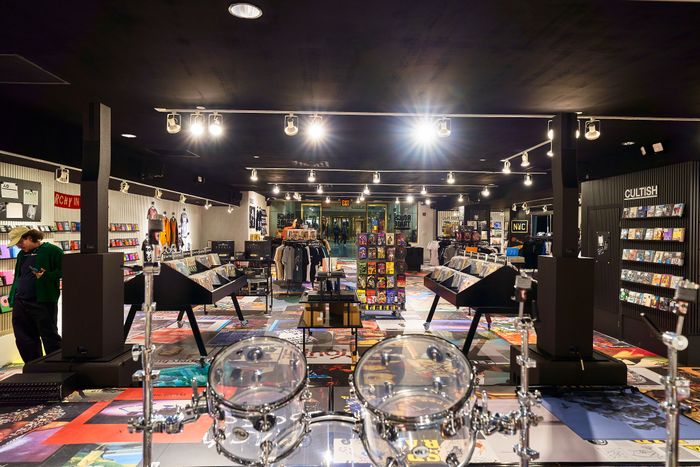 Handout photo showing performance stage and drum kit at Rough Trade Below