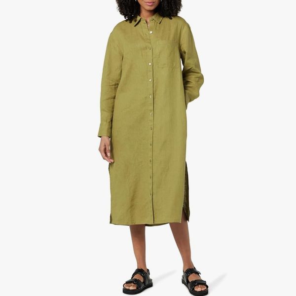 The Drop Fiona Relaxed Linen Midi Shirt Dress in Olive Oil