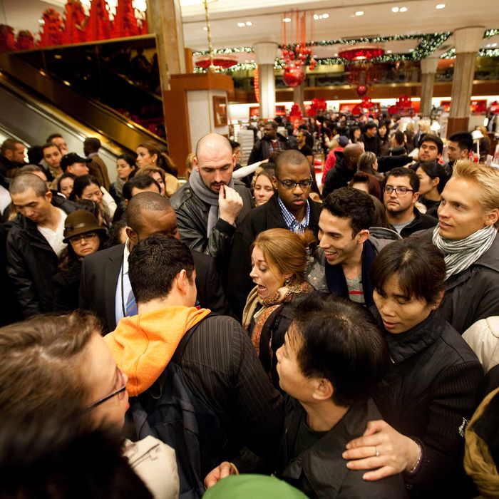 Bargain hunters shop for discounted merchandise at Macy's on 'Black Friday' on November 25, 2011 in New York City. Marking the start of the holiday shopping season, 'Black Friday' is one of American retailers' busiest days of the year.