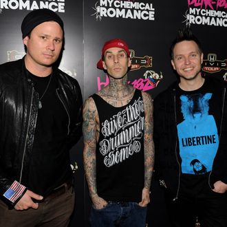 WEST HOLLYWOOD, CA - MAY 23: (L-R) Musicians Tom DeLonge, Travis Barker and Mark Hoppus of blink-182 pose at a press party of announce the 2011 Honda Civic Tour featuring blink-182 and My Chemical Romance at the Rainbow Bar and Grill on May 23, 2011 in West Hollywood, California. (Photo by Kevin Winter/Getty Images)