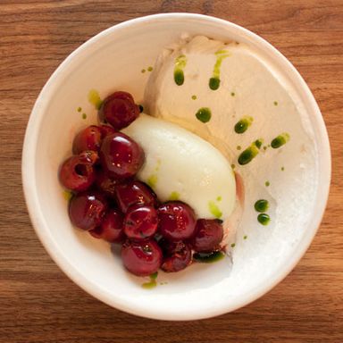 Soured Cream, Grilled Sour Cherries, Cucumber Sorbet, Thyme Oil