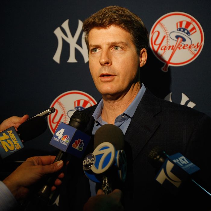 Hal Steinbrenner, Managing General Partner / Co-Chairperson speaks to the media after Jorge Posada announces his retirement from the New York Yankees duirng a press conference at Yankee Stadium on January 24, 2012 in the Bronx borough of New York City. 