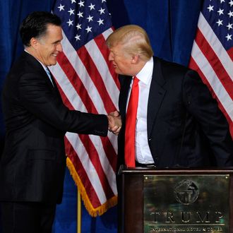 LAS VEGAS, NV - FEBRUARY 02: Republican presidential candidate, former Massachusetts Gov. Mitt Romney (L) and Donald Trump shake hands during a news conference held by Trump to endorse Romney for president at the Trump International Hotel & Tower Las Vegas February 2, 2012 in Las Vegas, Nevada. Romney came in first in the Florida primary on January 31 and is looking ahead to Nevada's caucus on February 4. (Photo by Ethan Miller/Getty Images)