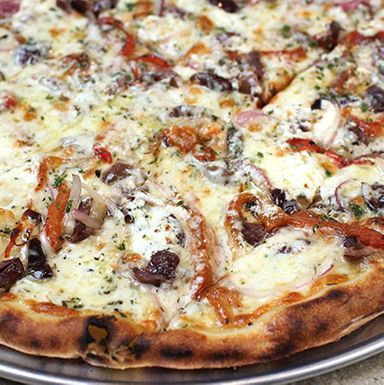 This is the 'Punctuated Equilibrium,' made with roasted red peppers, kalamata olives, Blythdale Farm Cooksville Grana, whole milk mozzarella, red onions, rosemary, and more.
