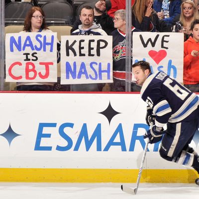 Columbus Blue Jackets fans in Pittsburgh show their support for Rick Nash #61 of the Columbus Blue Jackets as Nash warms up before a game against the Pittsburgh Penguins on February 26, 2012 at CONSOL Energy Center in Pittsburgh, Pennsylvania.