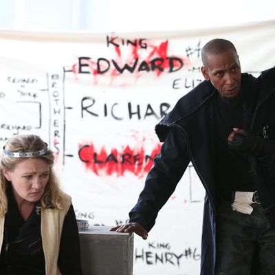 Lynn Hawley and Ron Cephas Jones in The Public Theater's Mobile Shakespeare Unit production of Richard III, directed by Amanda Dehnert, running at The Public Theater from August 6 through August 25. Photo credit: Joan Marcus.