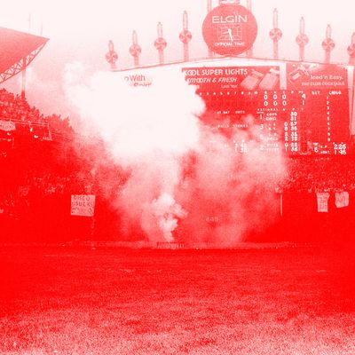 View of the smoke from a huge crate of disco records, just prior to its detonation as part of an anti-disco promotion at Comiskey Park, Chicago, Illinois, July 12, 1979. The event, held between games of a doubleheader between the Chicago White Sox and the Detroit Tigers, allowed fans to attend the games for 98 cents along with an unwanted disco record, and eventually resulted in the White Sox forfeiture of the second game due to unsafe playing conditions when fans stormed the field causing serious damage to the venue and playing surface. (Photo by Paul Natkin/Getty Images)