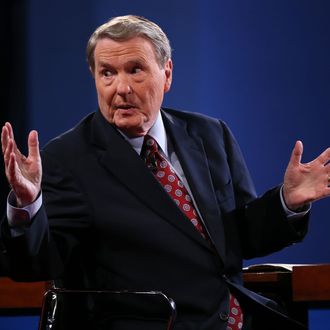 Debate moderator Jim Lehrer speaks prior to the Presidential Debate at the University of Denver on October 3, 2012 in Denver, Colorado. The first of four debates for the 2012 Election, three Presidential and one Vice Presidential, is moderated by PBS's Jim Lehrer and focuses on domestic issues: the economy, health care, and the role of government.