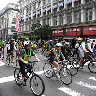 Some of the thousands of bicyclists participating in the Five Boro Bike Tour May 6, 2012 in New York. The race consists of three waves of 30,000 cyclists from all over the country who ride a course that takes them through all five boroughs of New York City.