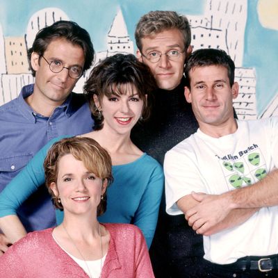 CAROLINE IN THE CITY -- NBC Series -- Pictured: (l-r) Eric Lutes, Amy Pietz, Malcolm Gets, Andy Lauer (top row); Lea Thompson (bottom row, from left)
