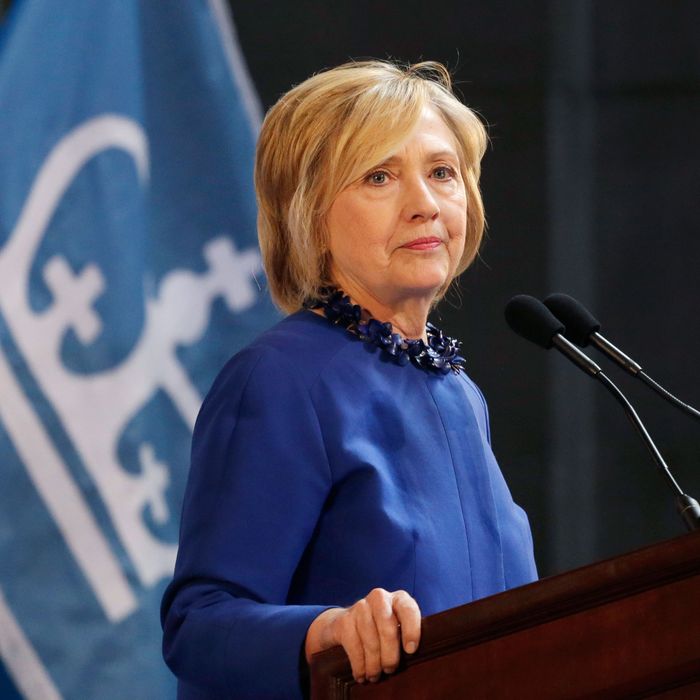 Hillary Rodham Clinton, a 2016 Democratic presidential contender, asks the audience to join her in praying for the people of Baltimore during a speech at the David N. Dinkins Leadership and Public Policy Forum, Wednesday, April 29, 2015 in New York. (AP Photo/Mark Lennihan)