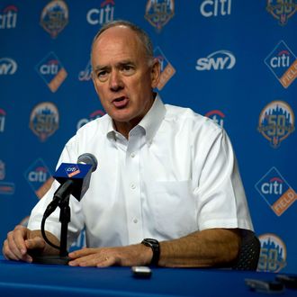 NEW YORK, NY - AUGUST 22: General manager Sandy Alderson of the New York Mets speaks during a press conference to announce they will place pitcher Johan Santana on the disabled list for the rest of the season before the Colordado Rockies vs Mets game at Citi field August 22, 2012 in the Flushing neighborhood of the Queens borough of New York City. (Photo by Jason Szenes/Getty Images)