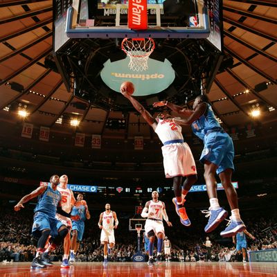 Raymond Felton #2 of the New York Knicks drives to the basket against Darren Collison #4 of the Dallas Mavericks during the game on November 9, 2012 at Madison Square Garden in New York City. 